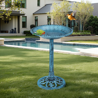 Bain d'oiseaux pour l'extérieur en polyrésine 28 po, bain d'oiseaux décoratif autoportant avec bord évidé, base stable remplissable, bain d'oiseaux de jardin antique pour cour, pelouse, patio