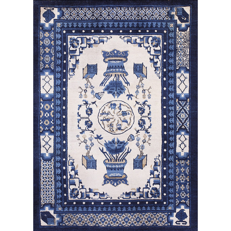 Square Antique Floral Wool Pile Hand Knotted White and Blue Chinese Rug