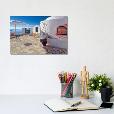 Greece, Santorini, Oia. House Balcony With Ocean View by Jaynes Gallery - Wrapped Canvas Print