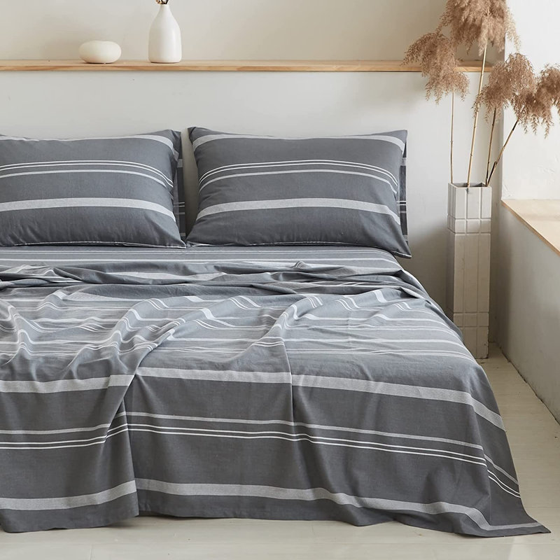  Ensemble de draps en coton 160 fils, Grand, Gris / blanc