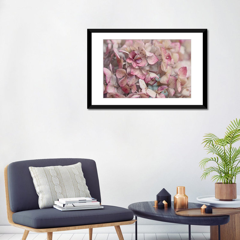 Hortensia rétro, impression sur toile, H 16 po x l 24 po x P 1 po, Papier d'art encadré noir, Blanc