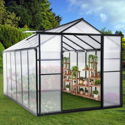 Serre de 10 x 8 pi pour l'extérieur, serre en polycarbonate avec évent de toit, grande serre pour l'extérieur, noir
