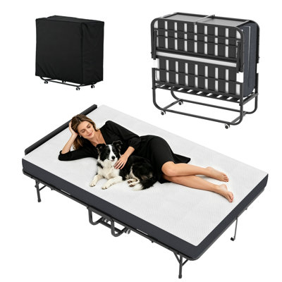 75"x46" Wide Folding Bed with Adjustable Headboard, Extra Long Rollaway Bed with 5" Memory Foam Mattress, Heavy Duty Portable Guest Bed on Wheels