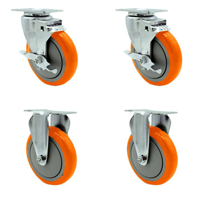 Ensemble de roulettes à plaque pivotante en polyuréthane orange 5 pouces avec 2 freins et 2 roues rigides SCC