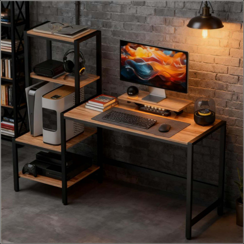 Reversible Computer Desk With Monitor Stand And 4-Tier Storage Shelf For Home And Office | Gift Idea