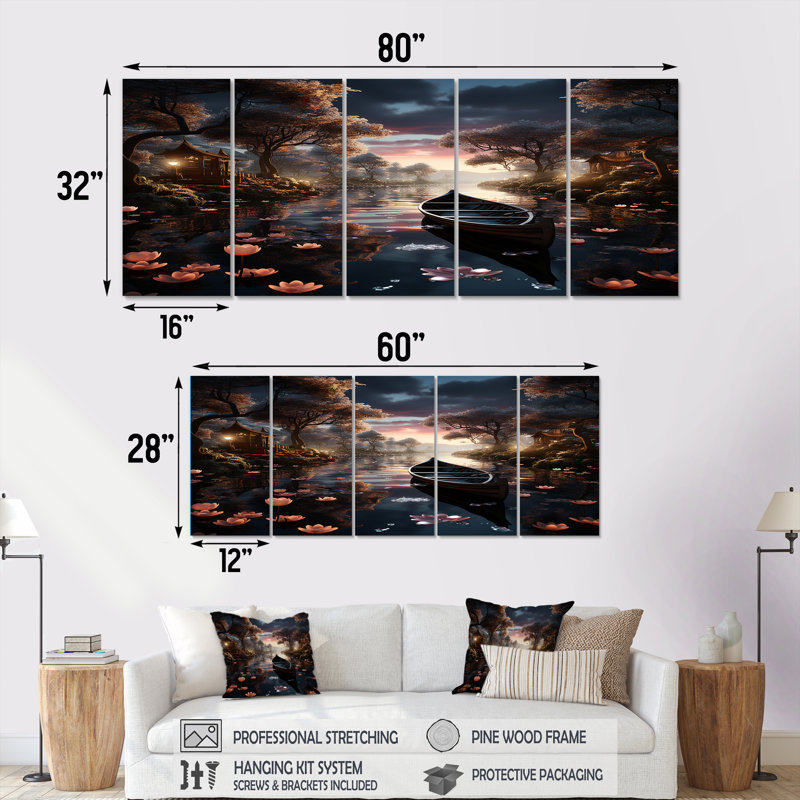 Dériveur flottant sur un étang de lotus magique brumeux - lac, art mural 5 pièces, H 32 po x l 80 po