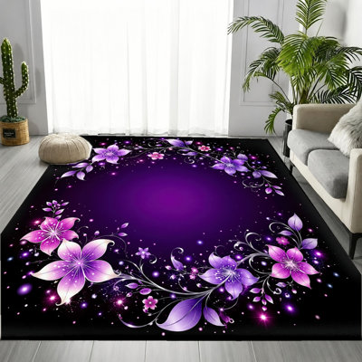 Tapis floral, motif de fleur de lys mauve, tapis antidérapant antitaches, décoration intérieure artistique pour le salon, la chambre à coucher, le vestibule, la cuisine, le balcon, appartement