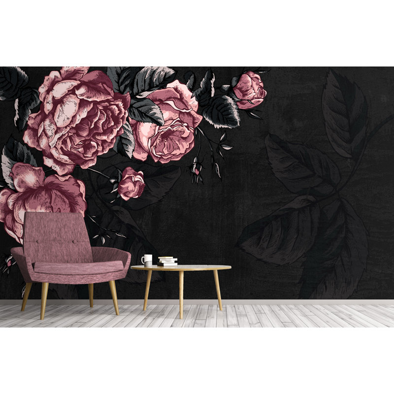 Dark Flower Pink Peony Drawing Leaves Removable Textured Wallpaper, 112" W x 75" L