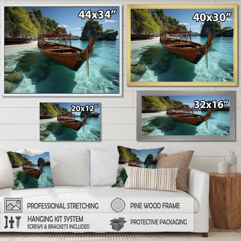 «Coastal Cradle Tranquil Waters» - art mural plage, Cadre flottant doré, H 12 po x l 20 po x P 1 po
