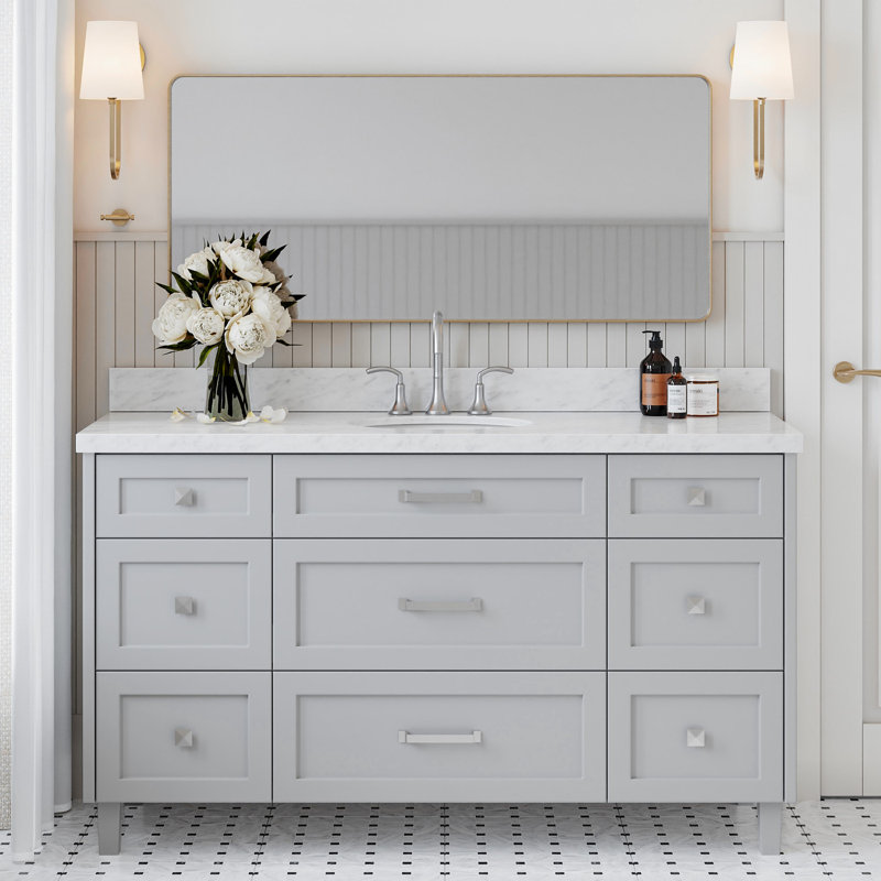 ARIEL Monroe 54 Single Sink Bathroom Vanity with Carrara Quartz Top, 55", Carrara White Marble, Gray