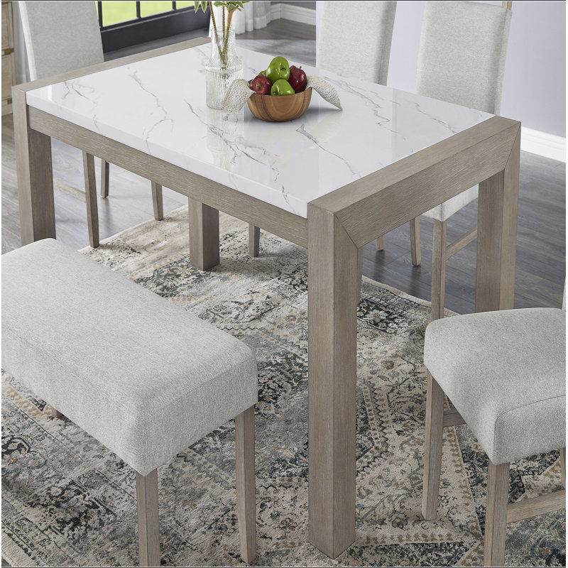Tabitha 66"W Rectangular White Faux Marble Top Dining Table in Light Oak Finish