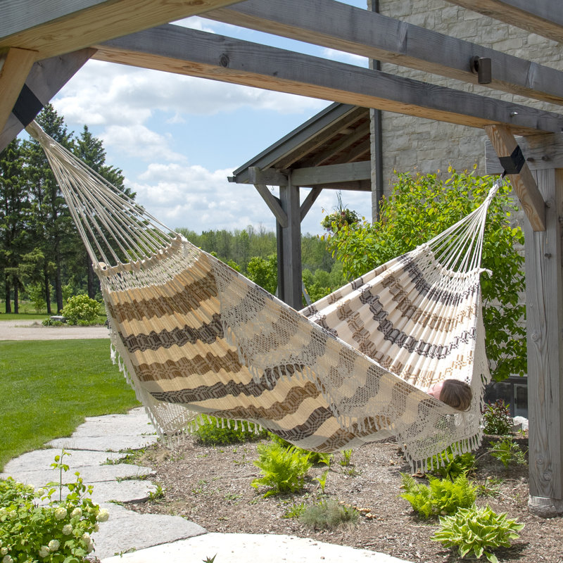 Vivere Phineus Authentic Brazilian Luxury Double Classic Hammock with Fringe (450 lb Capacity), Beige