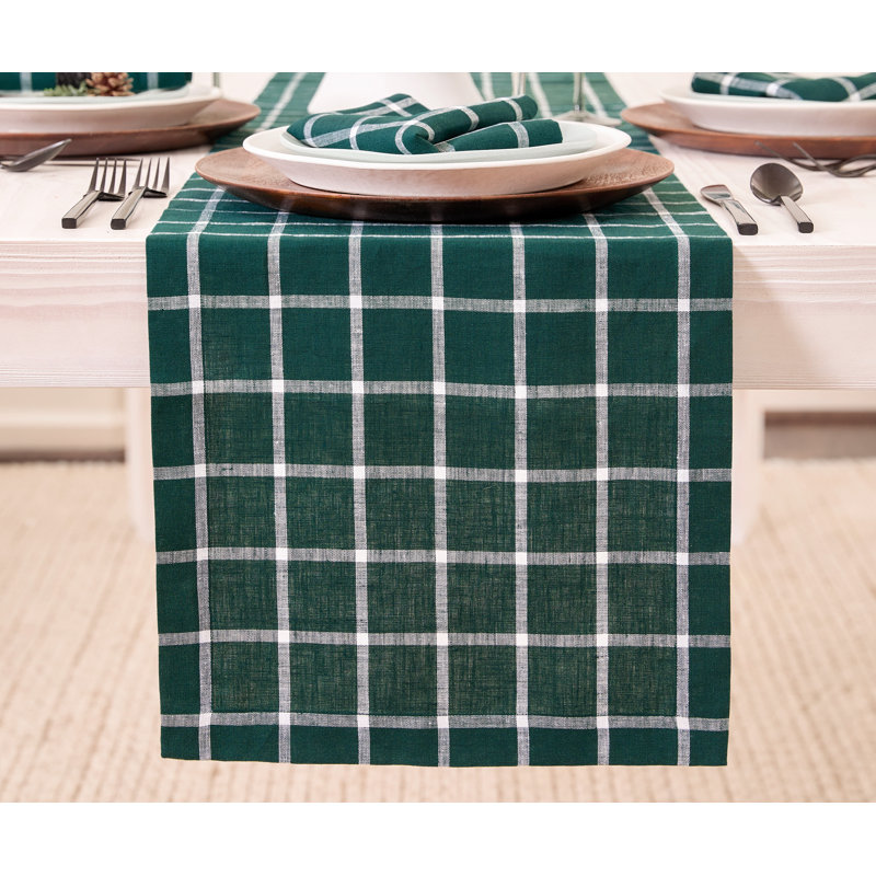 Morgan Check - 100% Pure Linen Table Runner, 72" x 14", Dark Citron/Cream