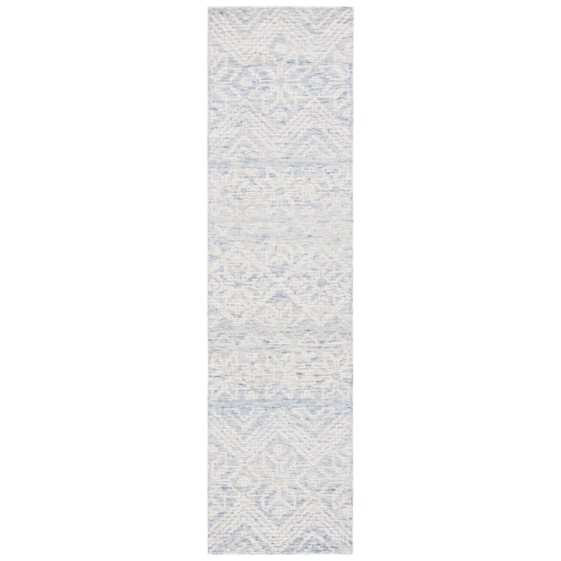 Bathsheb Hand Tufted Wool/Cotton with Cotton Backing Geometric Rug in Blue/Ivory, Runner 2'3" x 9'