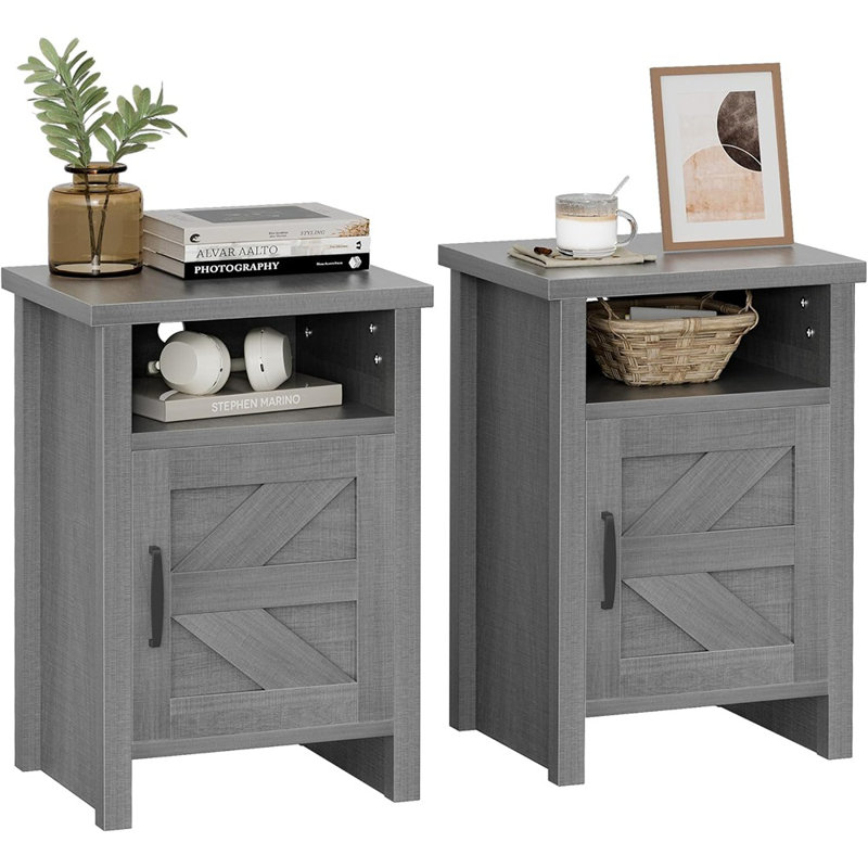 Table de chevet Farmhouse Modern avec tablette et porte de grange, ensemble de 2 pour chambre à coucher, gris