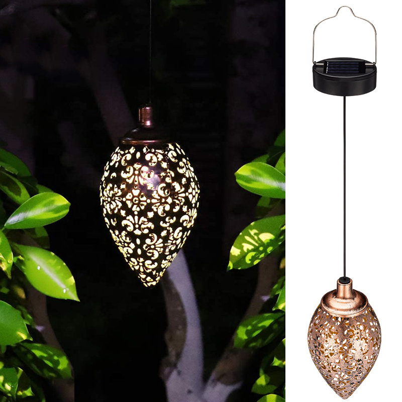 Bronze Moroccan Solar Powered Hanging Lanterns with LED Lights (Set of 2)