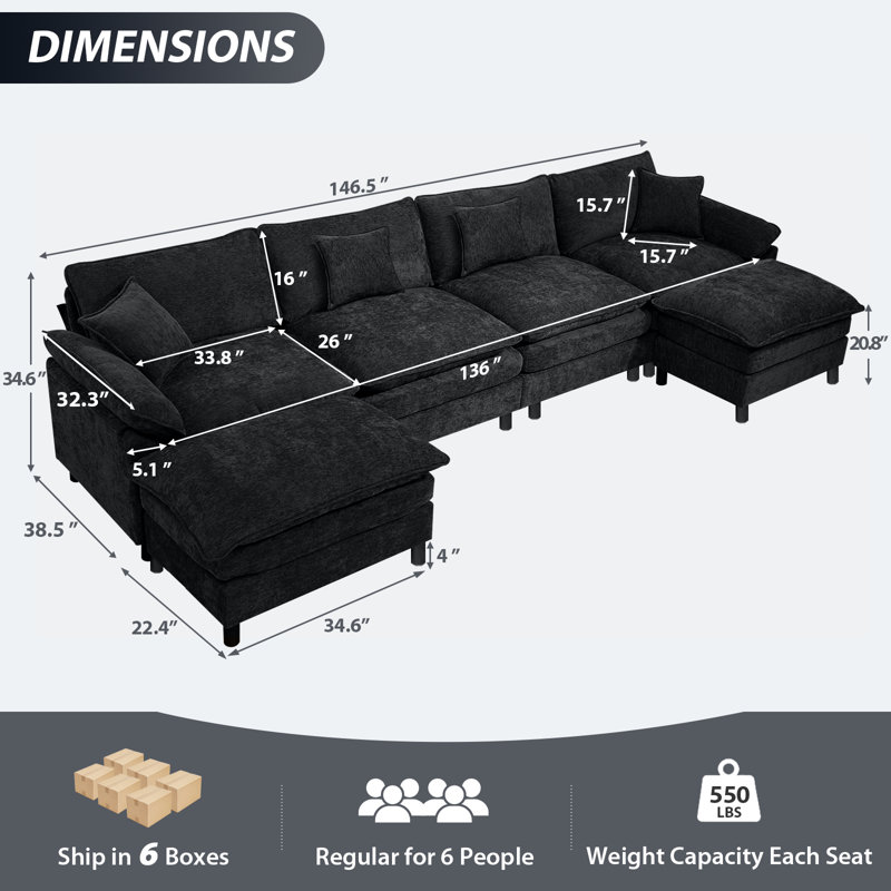 Upholstered U-Shape Sectional With Two Ottomans, Black Chenille, 34.6" H x 146.5" W x 57.8" D