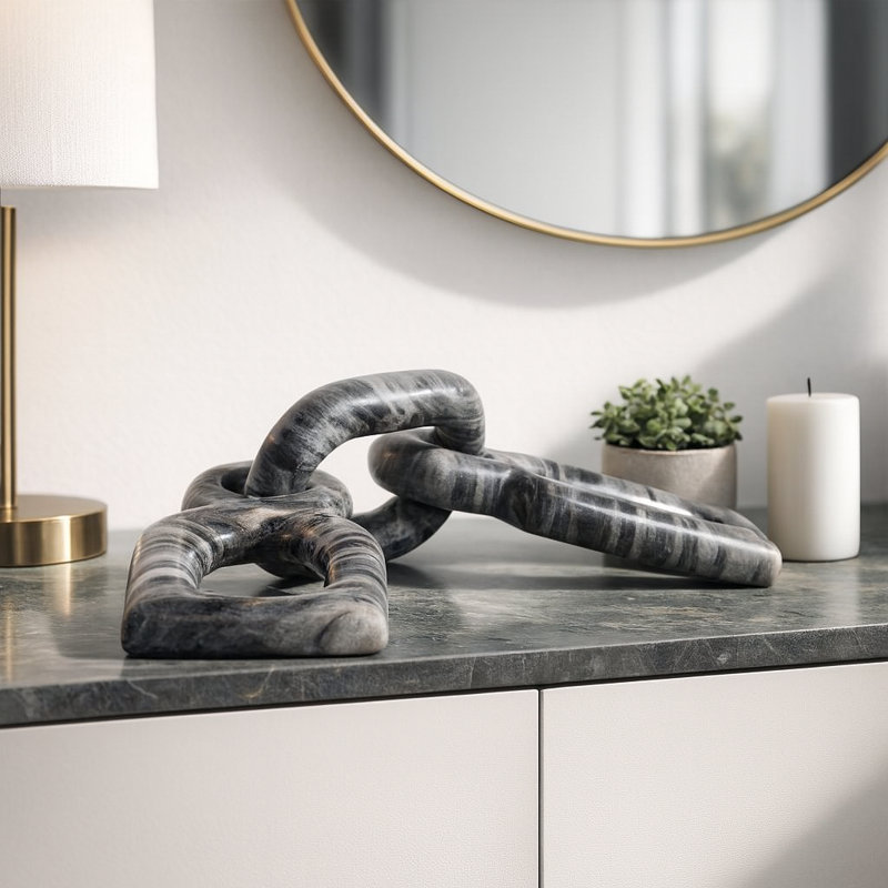 Carved Marble Chain Decorative Objects - Decorative Sculpture For Table And Home Decor - Decorations For Living Room Stone Accent - 16", Gray & White