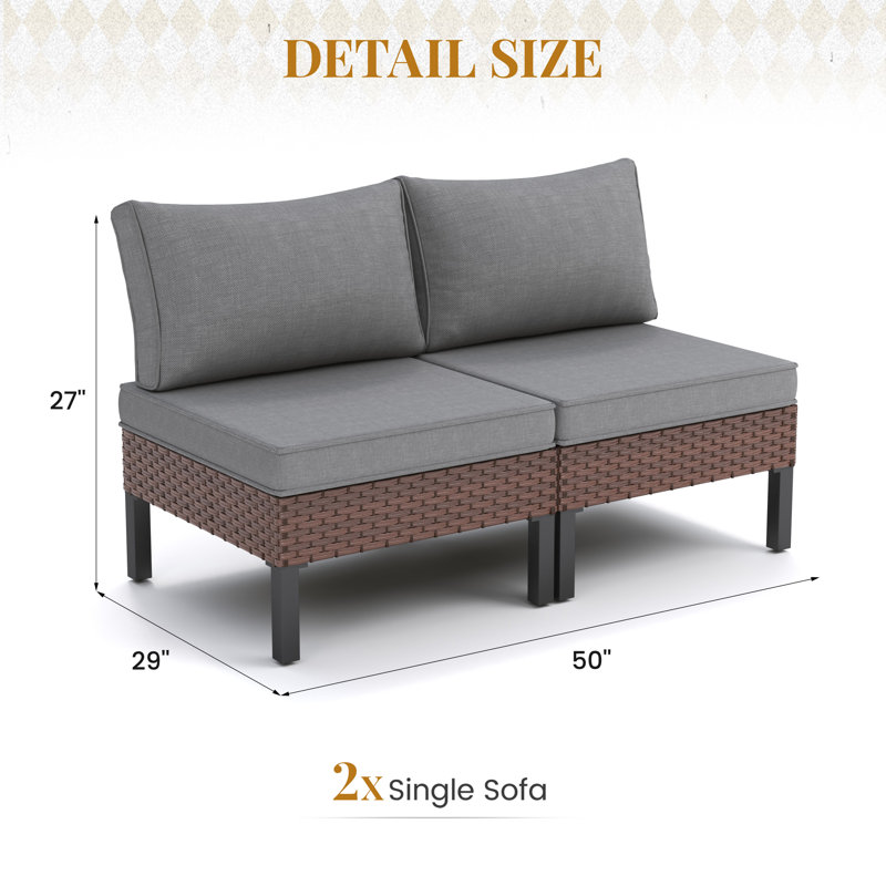 Ensemble de canapé d'extérieur simple en osier 2 pièces avec coussins, Gris