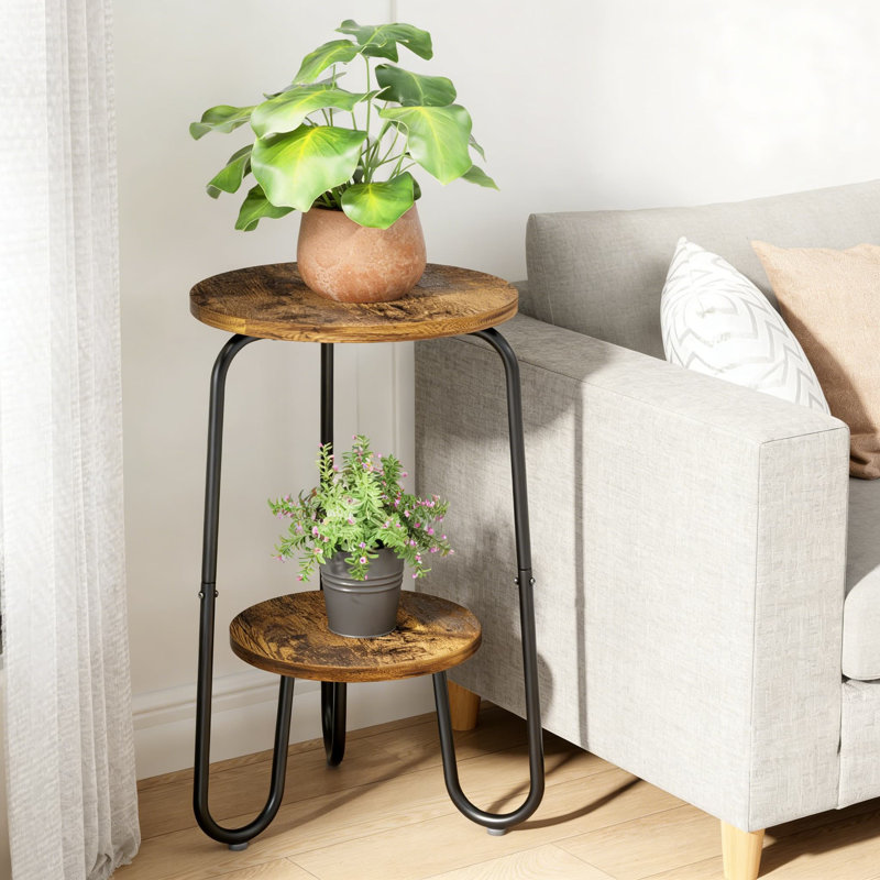 Support pour plante d'intérieur en bois à 2 niveaux pour plantes d'intérieur, support de pot de fleurs rond rustique avec cadre en fer, table d'appoint peu encombrante pour le salon, le balcon ou le patio