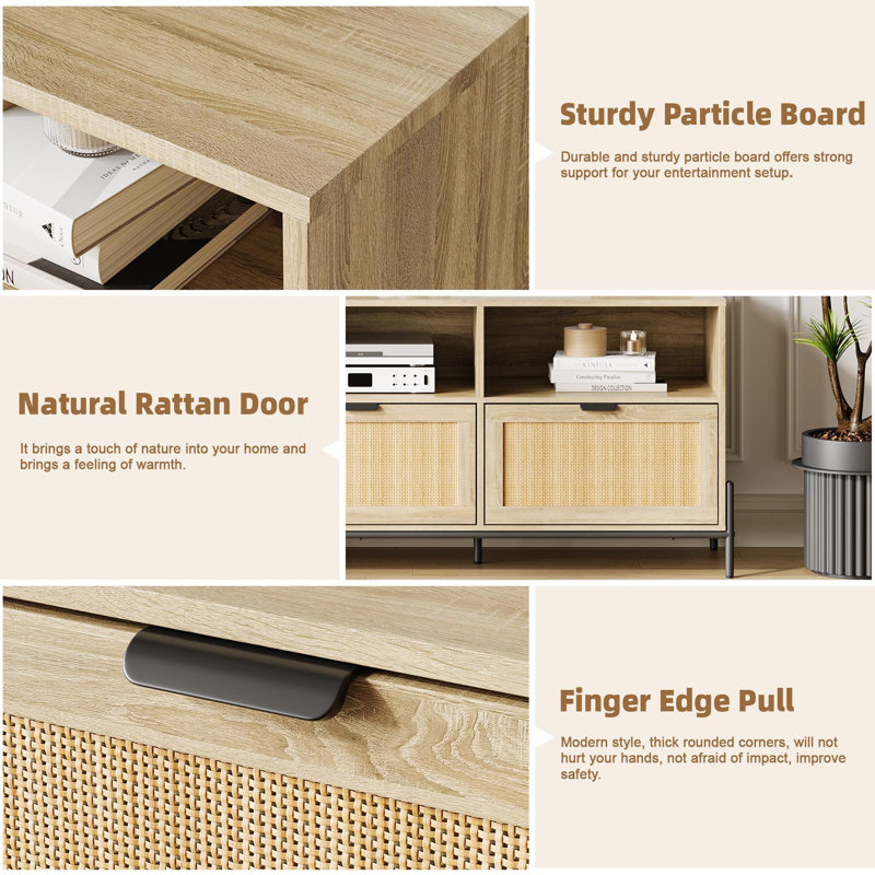 Natural Oak and Rattan TV Stand with Open Shelves and Drawers