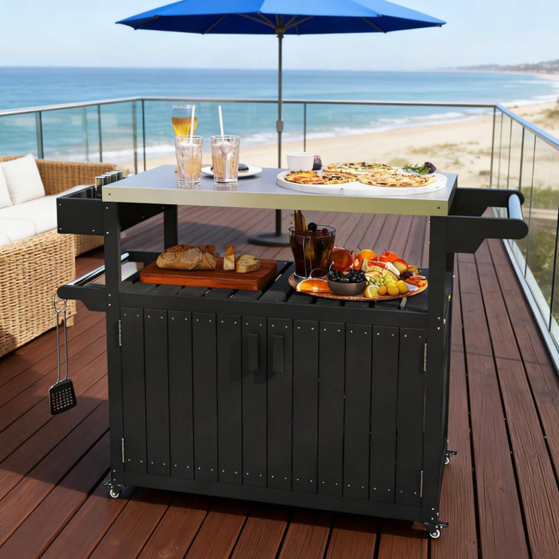 Table de bar à roulettes pour l'extérieur, événements de fête d'avant-match, plateau en acier inoxydable, structure, tablette de rangement, table pivotante à 360 °, préparation des aliments et boissons, acier, chariot, armoire avec portes, crochets latéraux
