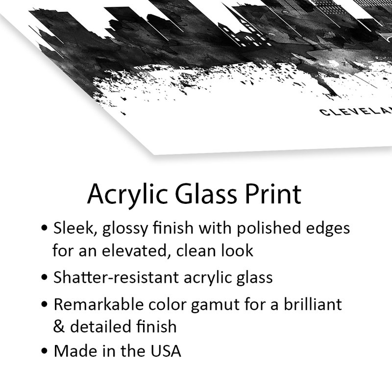 «Cleveland Skyline», impression en noir et blanc sur verre acrylique, H 16 po x l 24 po x P 0,25 po