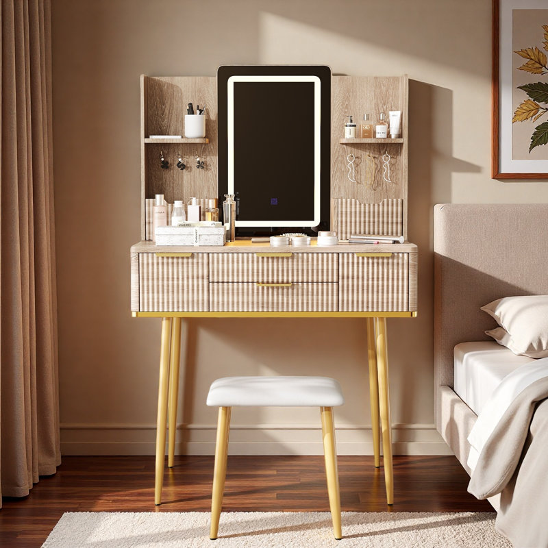 Fluted Vanity Desk With Led Mirror, Metal Legs, Jewelry Storage, 4 Drawers And Pu Stool