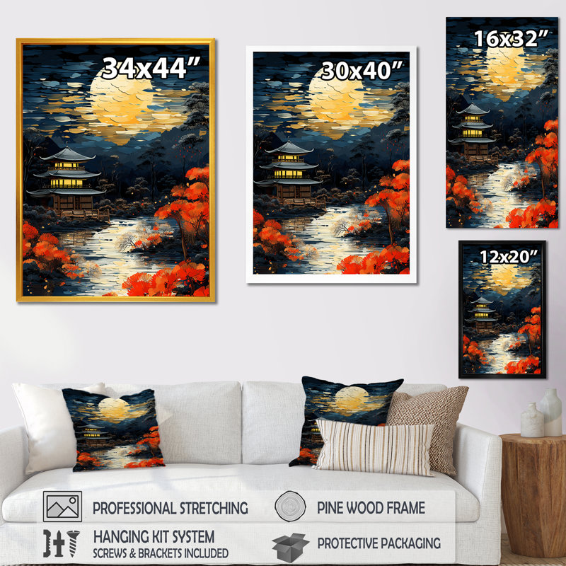 Moonlite, temple japonais la nuit - Japon, art mural, Cadre flottant noir, H 60 po x l 28 po x P 1,5 po