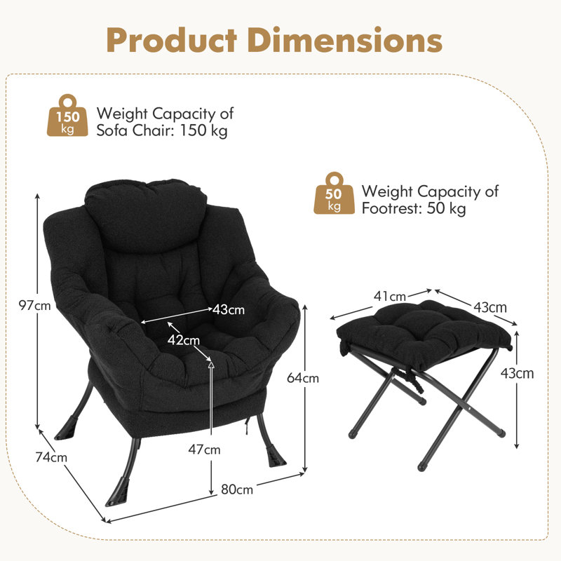 Upholstered Accent Chair, 97cm H x 80cm W x 74cm D, Black Sherpa