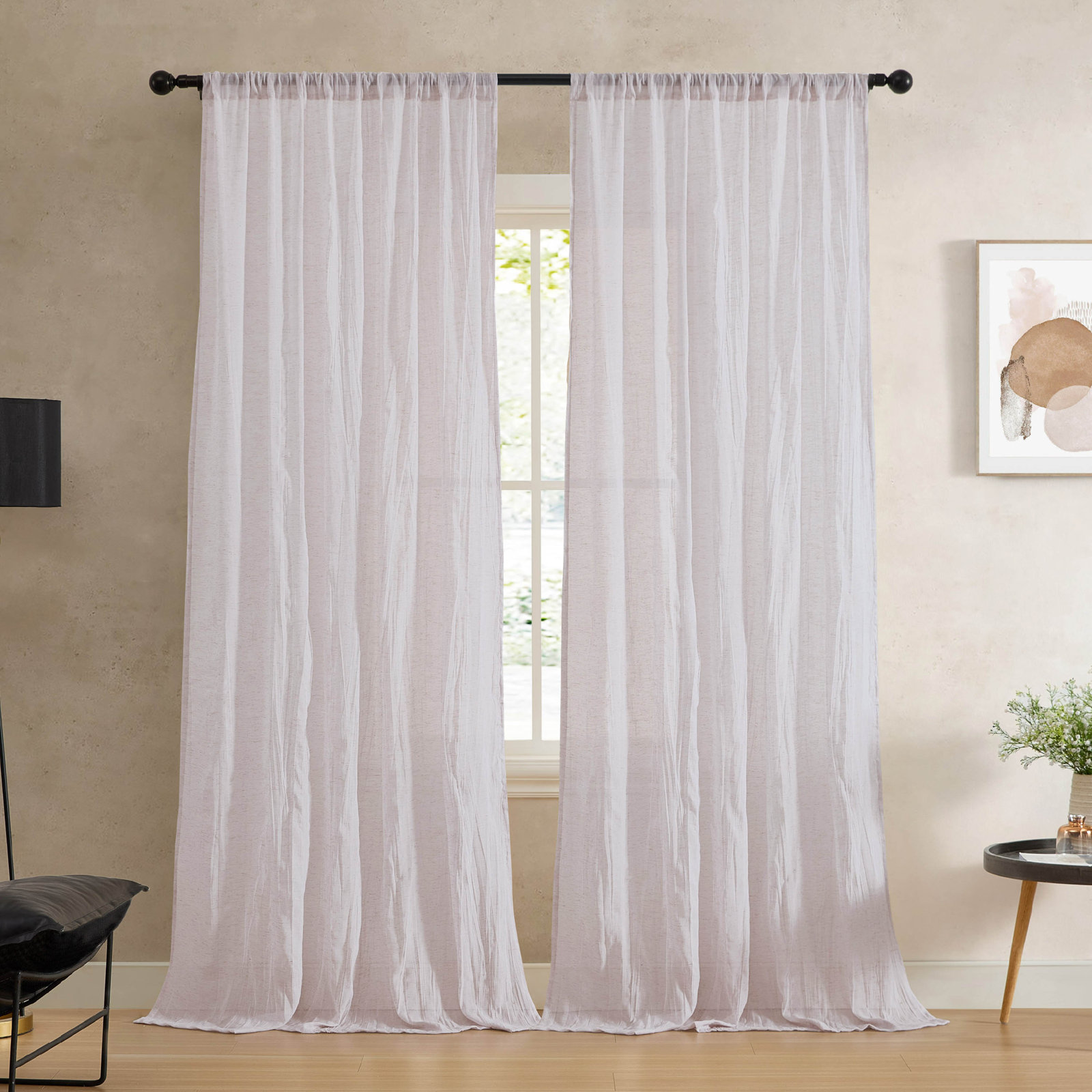 Solid Semi-Sheer Curtain Panel Set, 50" W x 108" L, Light Beige