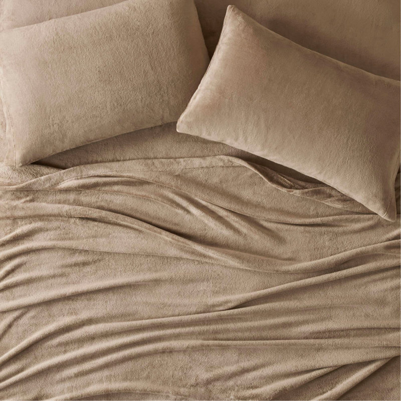 4 PCS Queen Micro Plush Sheet Set Taupe, Queen Bedspread + 3 Additional Pieces, Beige