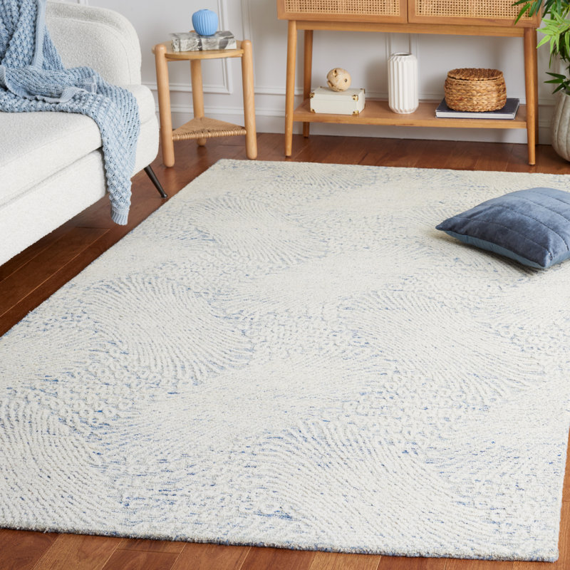 Deloras Hand Tufted Wool Cotton with Latex Abstract Rug in Blue/Ivory, Rectangle 8' x 10'