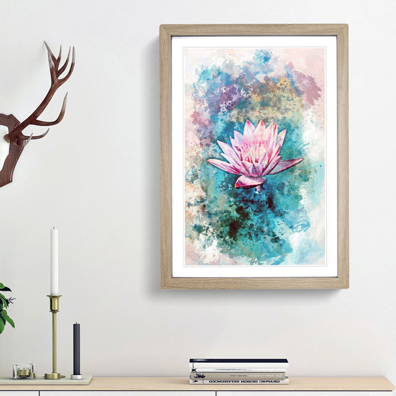Colourful Water Lily in Abstract - Picture Frame Graphic Art Print, 36cm H x 27cm W x 2cm D, Oak Framed
