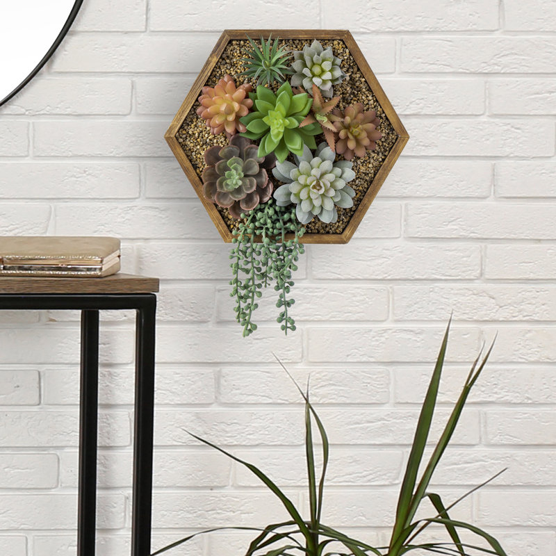 11.41'' Faux Succulent in Solid Wood Planter