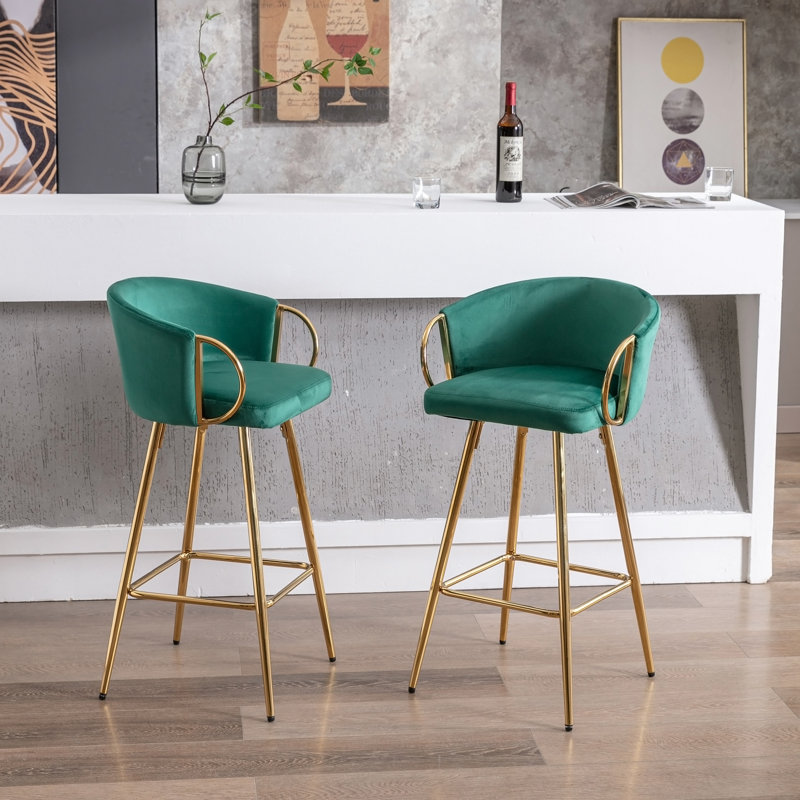 Tabourets de bar 30 pouces en velours avec repose-pieds chromé et pieds dorés, ensemble de 2, Green