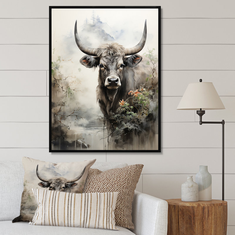 Bedriye, art asiatique, vache Sumi - impression, Cadre flottant noir, H 32 po x l 24 po x P 1 po