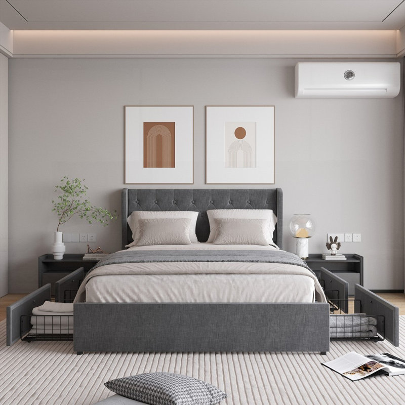 Structure de lit Windzer - Aucun sommier requis, 4 tiroirs de rangement Tête de lit à oreilles, gris foncé, Gris foncé