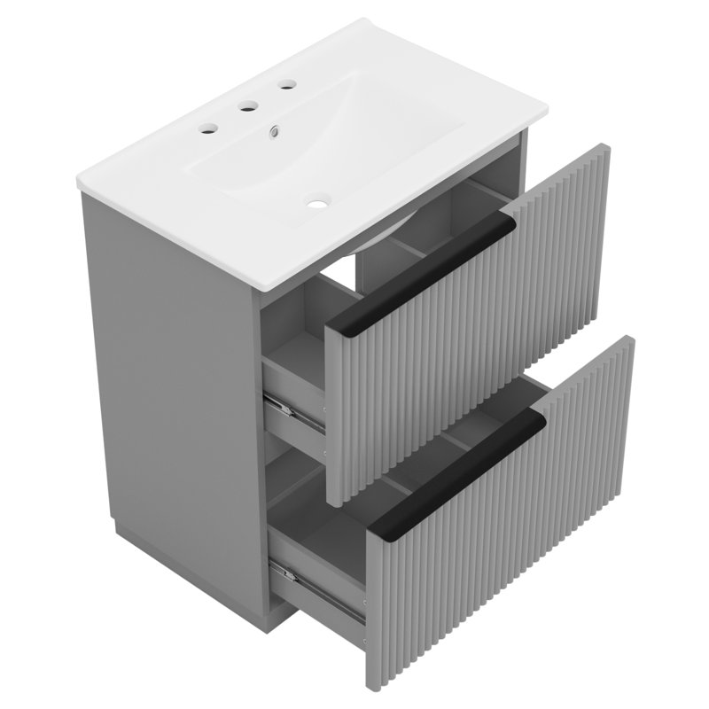 30" Bathroom Vanity In Gray, With Ceramic Sink, Dual System, Soft Close Function, Fluted Design, Spill Basin, 8" Pre-Drilled Faucet Holes, 17.5" , -Proof Structure Gray Extension Drawers, Slides,