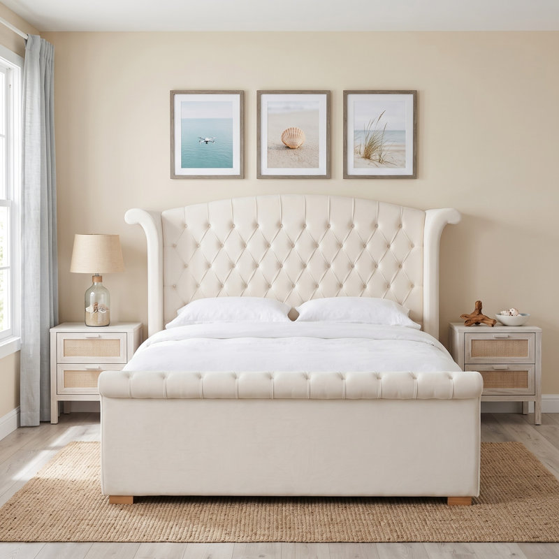 Wingback Tufted Upholstered Sleigh Bed with 2 Storage Drawers, Queen, Cream Velvet, Cream, Queen