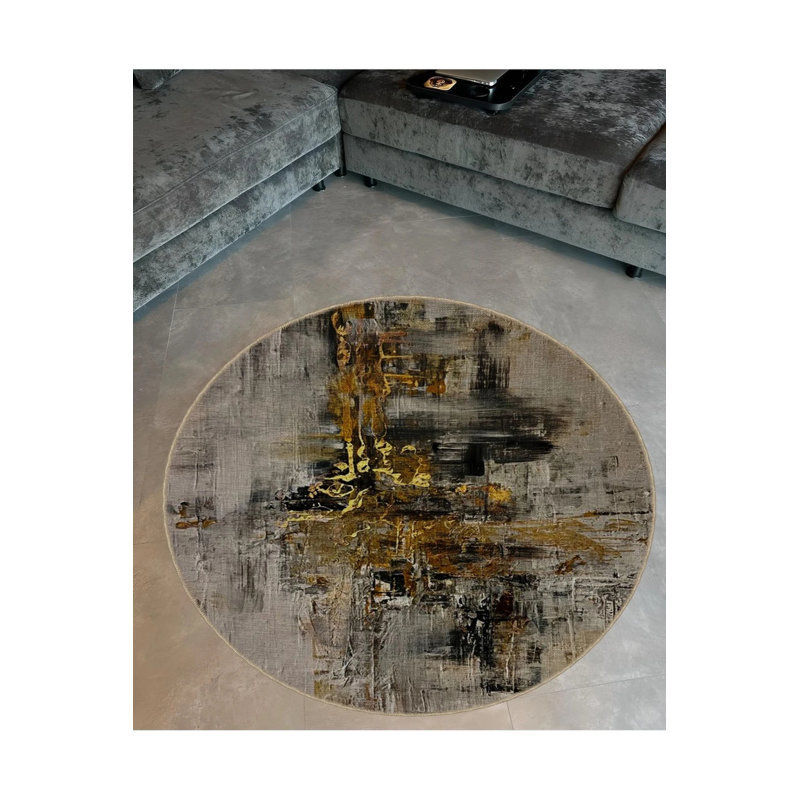 Gray Beige Tone Abstract Patterned Round Woven Base Modern Decorative Carpet, Round 5'