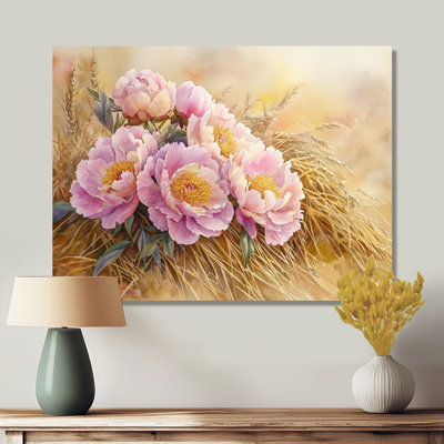 Ferme, pivoines le long de la meule de foin I - reproduction d'art traditionnelle en métal, pivoines, art mural en métal