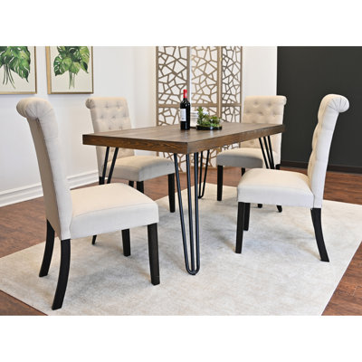 5 ensembles de salle à manger, table à pieds en métal, 4 options de chaises rembourrées, ensemble à thème brun, table foncée et chaises capitonnées, style espace