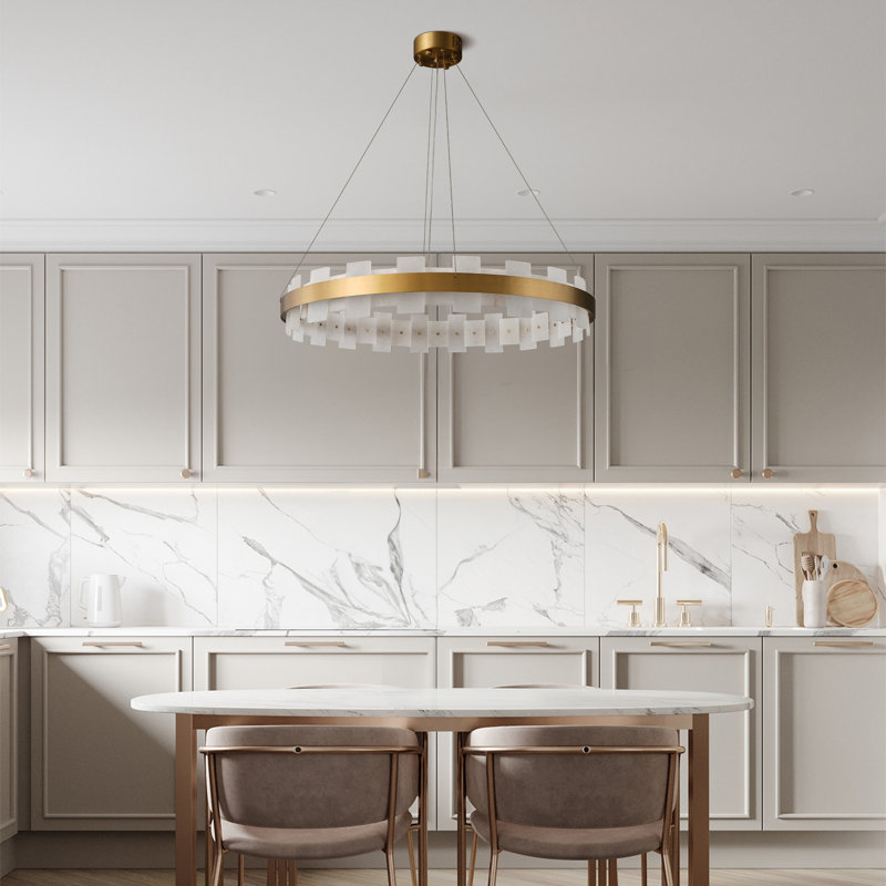 Modern 31" Led Strip Kitchen Island Alabaster Round Gold Chandelier Ceiling Light Copper Light Fixture, 8 Lights