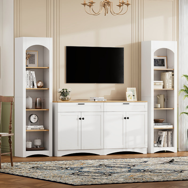 3-Piece Farmhouse Entertainment Center With Storage Cabinet For Tvs Up To 70", Mid-Century TV Stand With Bookshelf, Rustic Versatile Sideboard With Adjustable Shelves For Living Room (Bookshelf)