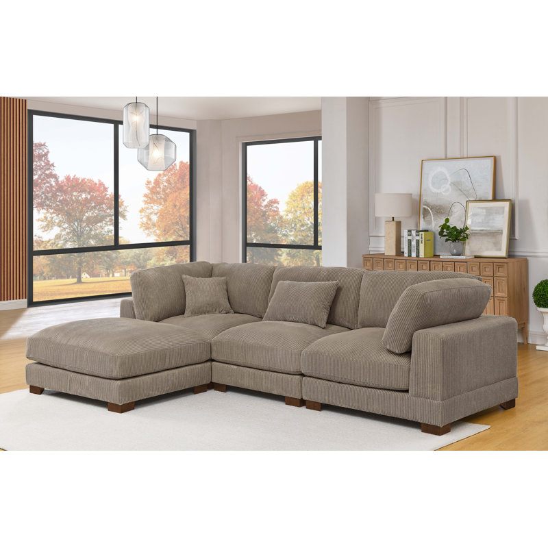 Canapé modulaire rembourré 4 pièces Temica, Velours côtelé chameau