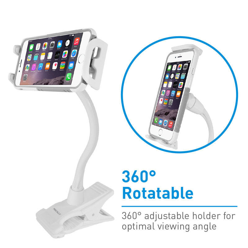 White Adjustable Gooseneck Clip Mount for Phones and Tablets