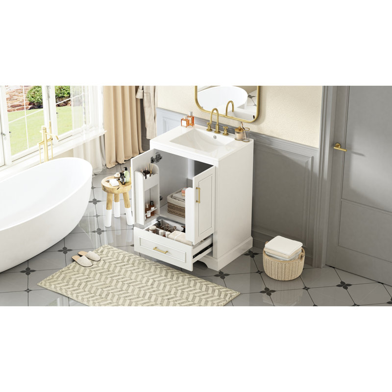 Meuble-lavabo moderne de 24 po comprenant un lavabo en céramique, un pied en bois massif et deux tablettes pour un cadre de rangement spacieux, fonctionnel et fonctionnel, une solution pratique et spacieuse