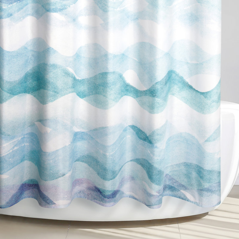 Watercolor Blue and Teal Wavy Polyester Shower Curtain