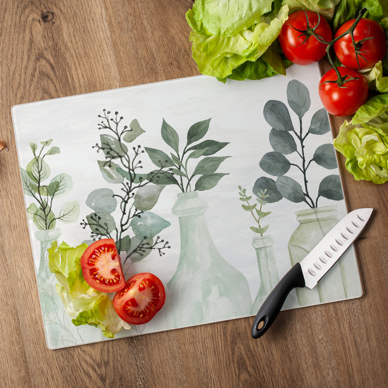 Nature's Greenery Tempered Glass Rectangular Cutting Board